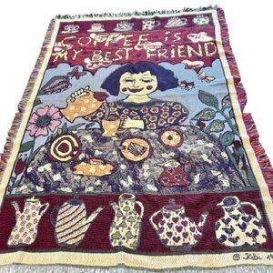 Vintage Whimsigoth Coffee Blanket 1991 Woven Throw Folk Art Cottagecore Decor